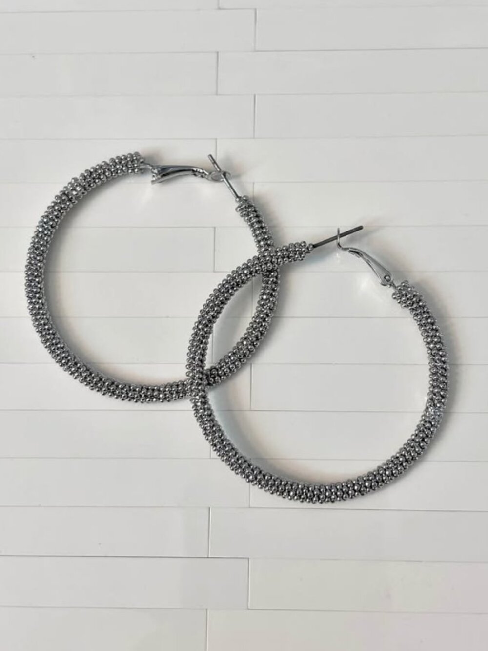 Silver-Tone Beaded Hoop Earrings